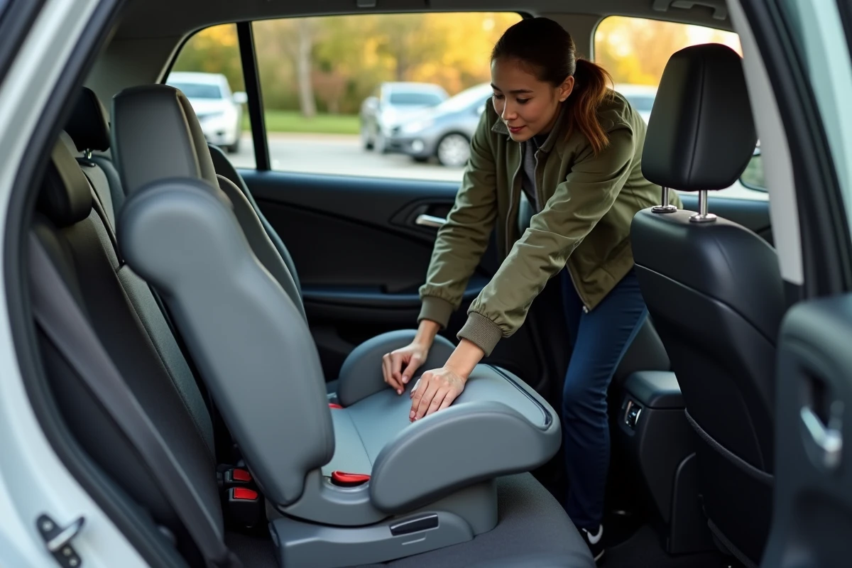 Parent installant un réhausseur sans dossier sur la banquette arrière d'une voiture