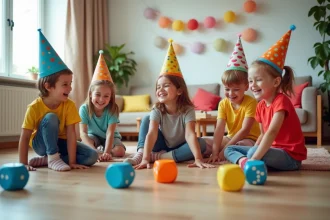 Enfants jouant avec des dés géants en mousse dans un salon décoré pour un anniversaire