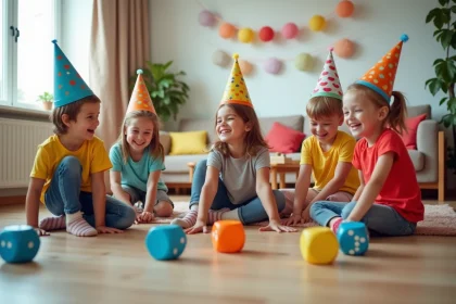 Enfants jouant avec des dés géants en mousse dans un salon décoré pour un anniversaire