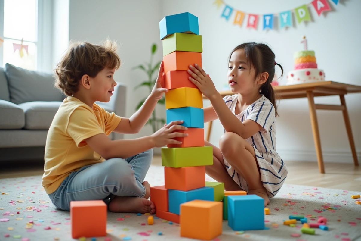 Deux enfants concentrés construisant une tour de blocs géants lors d'une animation d'anniversaire à la maison