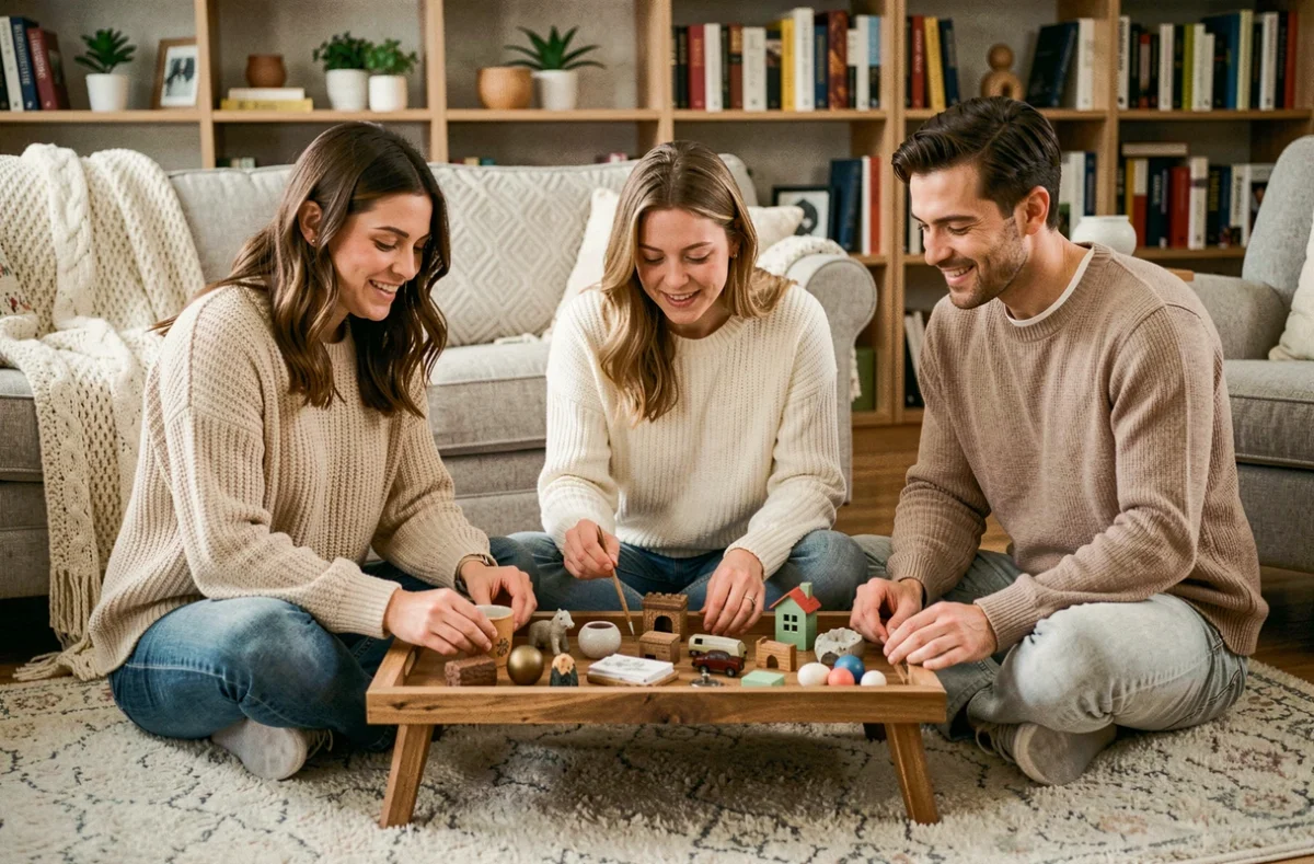 Amis adultes jouant au jeu Kim dans un salon cosy lors d'une soirée entre amis