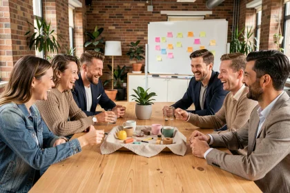 Groupe d'adultes jouant au jeu Kim autour d'une table lors d'un team building en entreprise