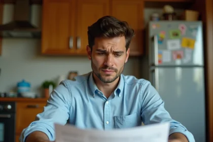 Jeune adulte majeur vérifiant un justificatif de domicile à la table familiale chez ses parents