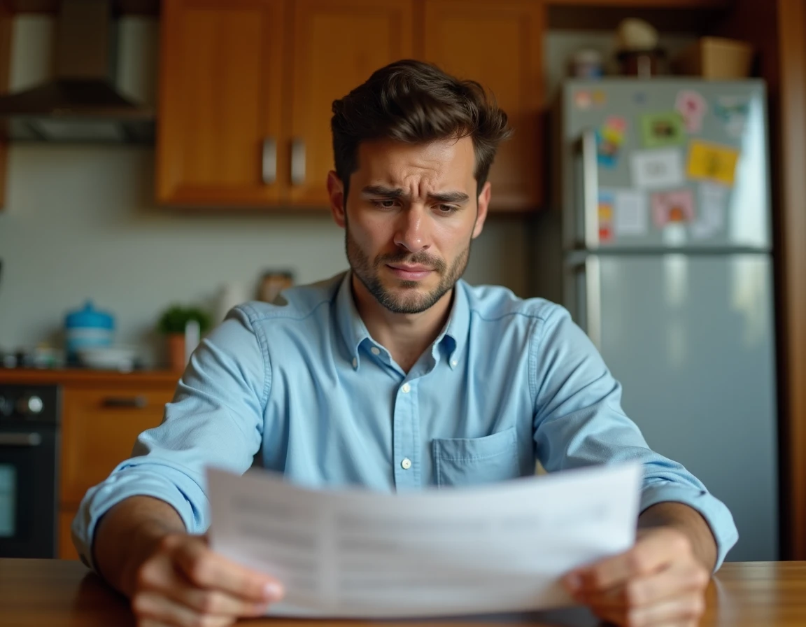 Jeune adulte majeur vérifiant un justificatif de domicile à la table familiale chez ses parents