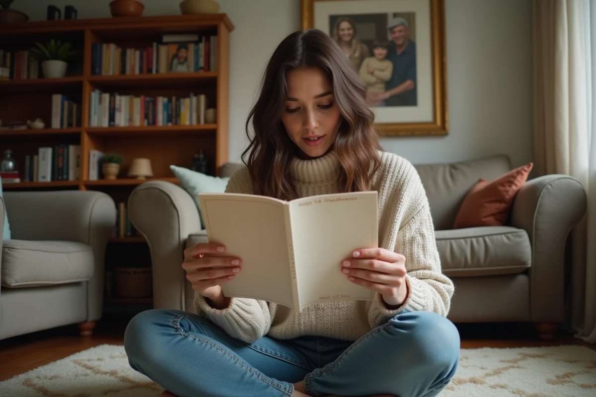 Jeune femme lisant un po&egrave;me &agrave; la maison chaleureuse