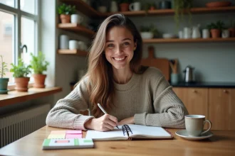 Jeune femme assise à une table avec planner et notes