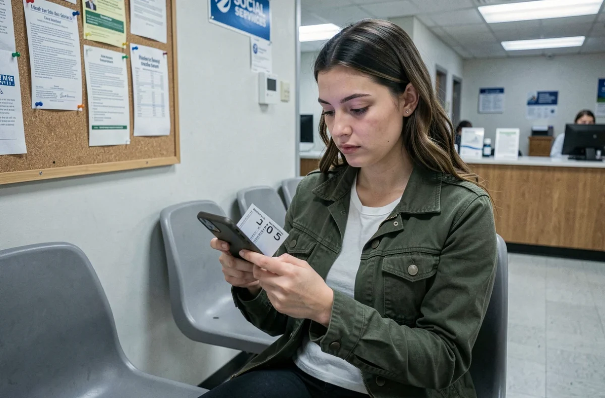 Jeune femme dans une salle d'attente de service social consultant son téléphone pour contacter une assistante sociale