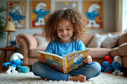 Jeune fille lisant un comic Smurfs dans le salon