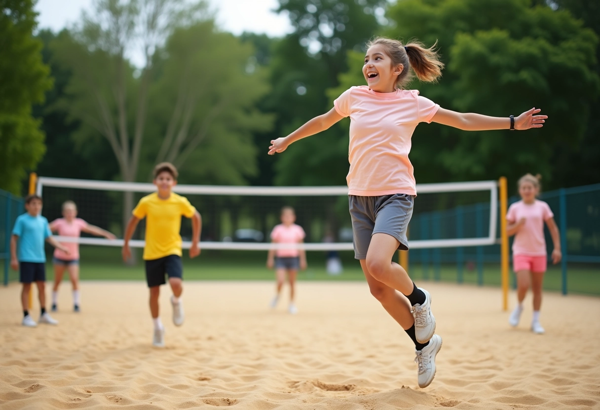 Jeune fille en saut jouant au volleyball en plein air