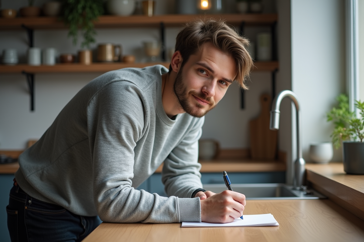Jeune homme écrivant une note dans une cuisine chaleureuse