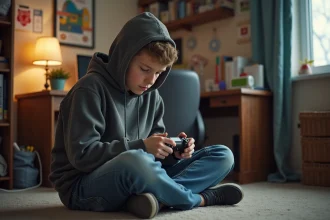 Adolescent en sweat et jeans joue avec une manette dans sa chambre