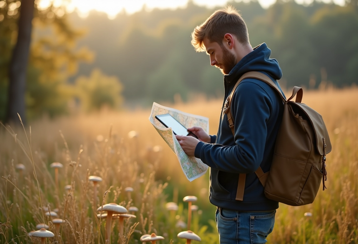 Jeune homme utilisant une carte pour la cueillette de champignons