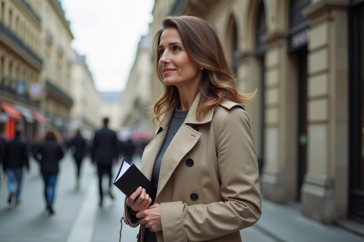 Journaliste française en trench dans une rue parisienne animée
