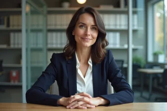 Femme journaliste française en blazer navy dans un bureau moderne