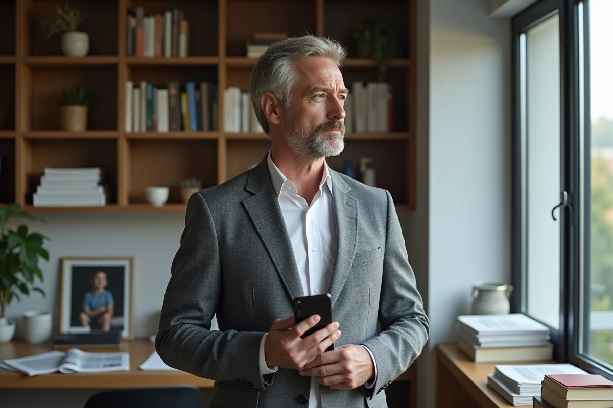 Journaliste et père de famille réfléchissant à la protection de ses enfants face aux médias, dans un bureau à domicile moderne
