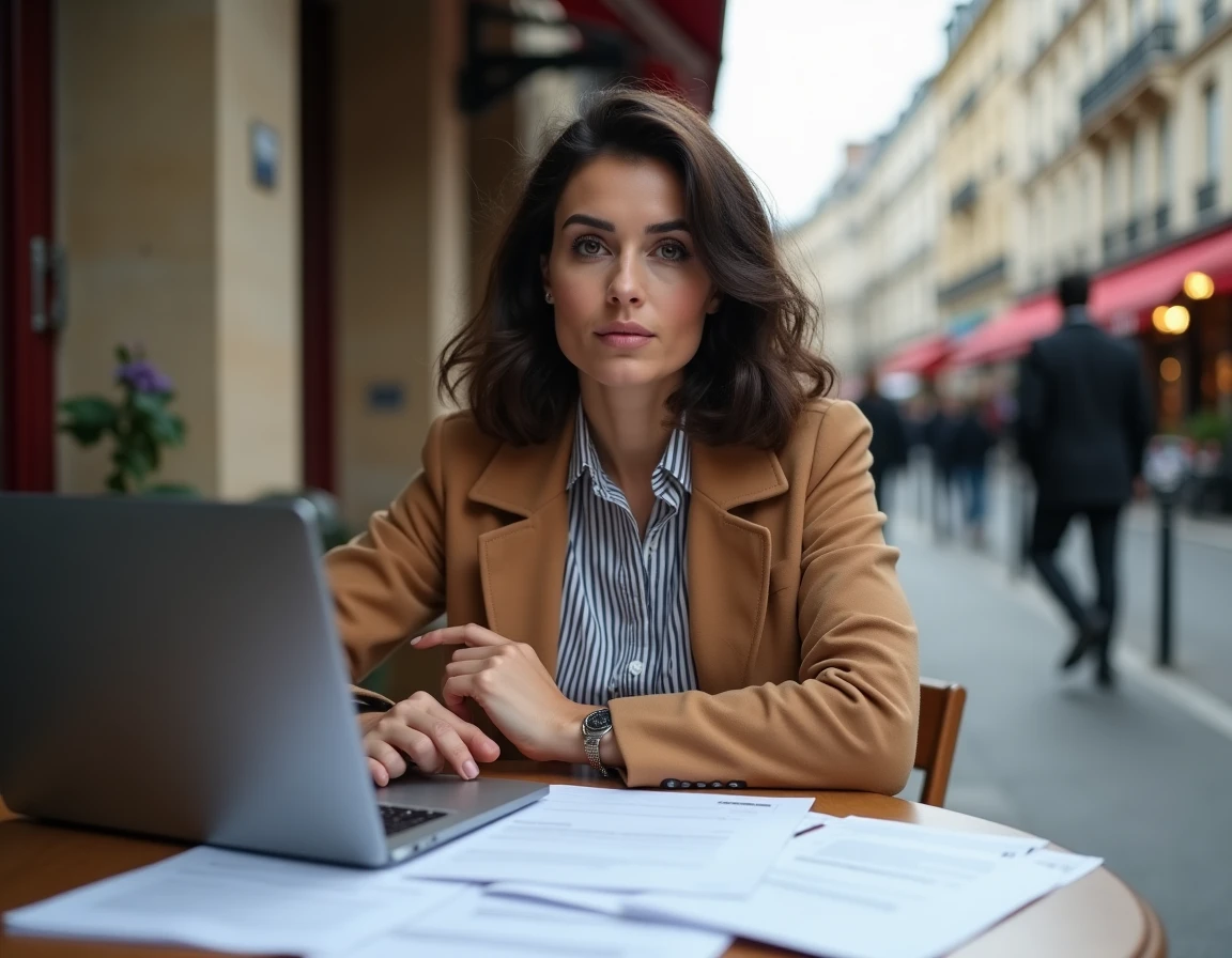 Journaliste travaillant à une terrasse de café parisienne avec ordinateur et documents, illustrant une enquête sur les origines d'une personnalité médiatique