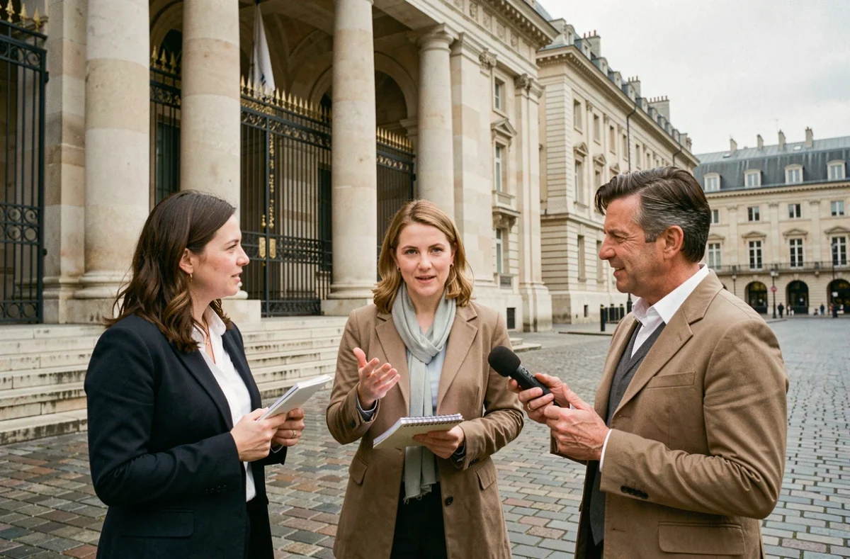 Journalistes devant un bâtiment gouvernemental à Paris discutant des limites du droit à l'information sur la vie privée des personnalités publiques