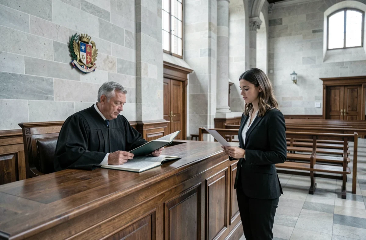 Juge des affaires familiales examinant un dossier en salle d'audience dans le cadre d'une procédure d'assistance éducative selon l'article 375 du Code civil