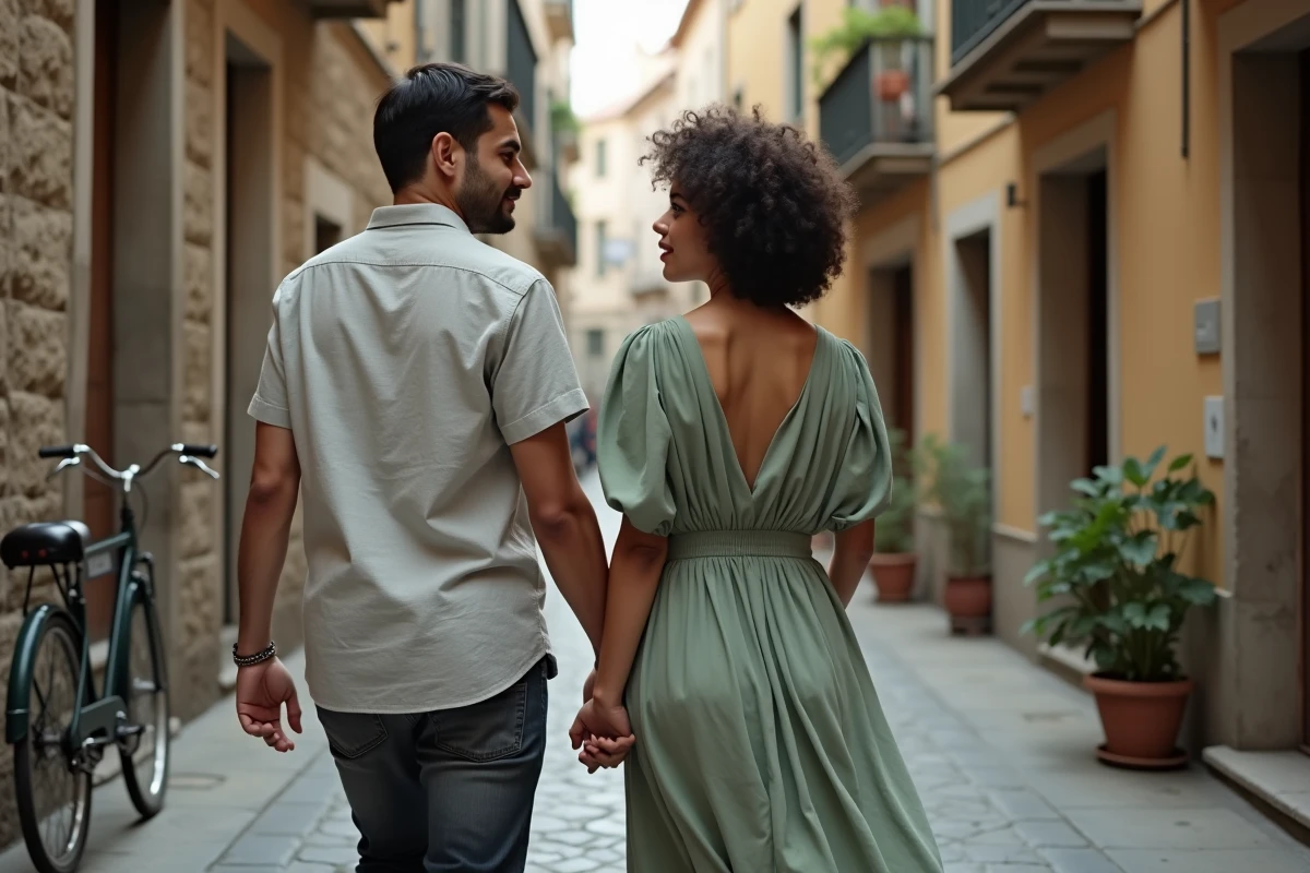 Couple discret se promenant main dans la main dans une ruelle pavée européenne, symbole d'une relation sentimentale protégée des regards