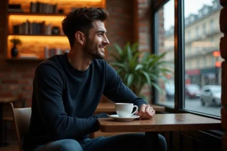 Jeune homme latin pensif dans un café parisien, illustrant la vie privée et sentimentale protégée d'une personnalité publique