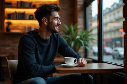 Jeune homme latin pensif dans un café parisien, illustrant la vie privée et sentimentale protégée d'une personnalité publique