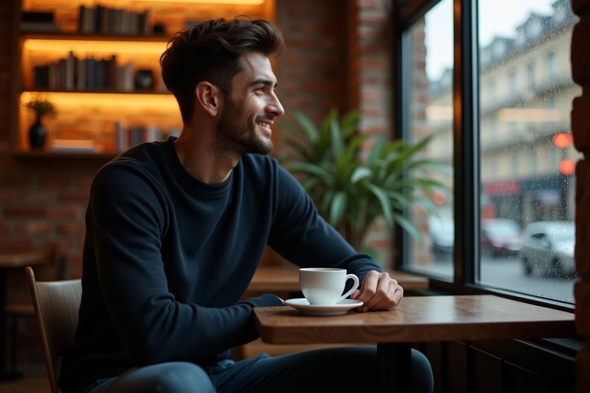 Jeune homme latin pensif dans un café parisien, illustrant la vie privée et sentimentale protégée d'une personnalité publique