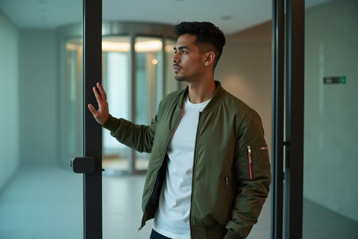 Jeune homme public au regard détourné devant une porte en verre dépoli, illustrant la protection de la vie sentimentale face à la pression médiatique