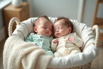 Deux bébés jumeaux nouveau-nés endormis côte à côte dans un couffin blanc, vêtus de bodies pastel doux, dans une chambre de bébé en bois clair