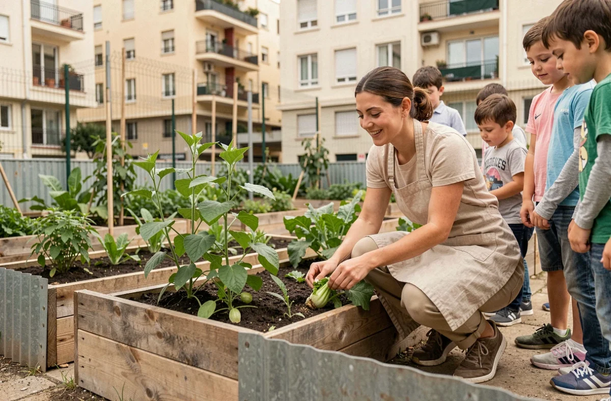 Femme animatrice de la ferme pédagogique urbaine Le Talus à Marseille montrant des légumes dans des jardins partagés en milieu urbain