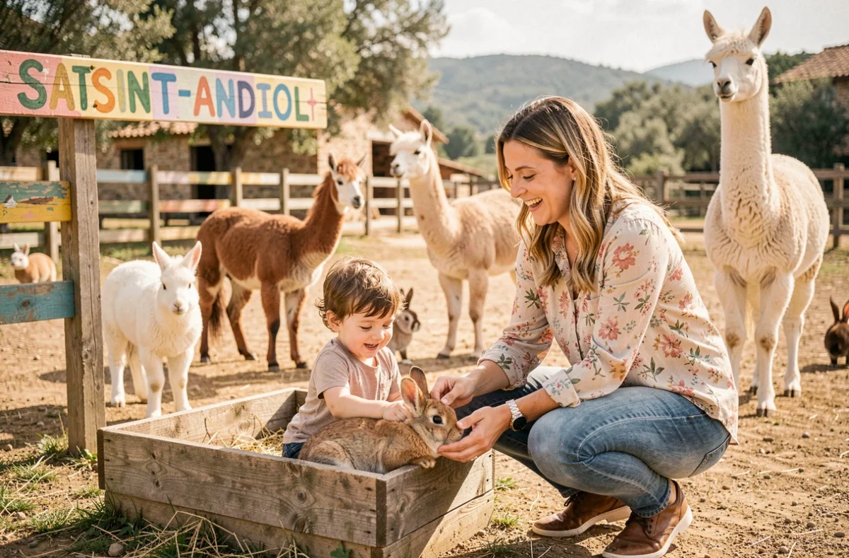 Enfant et animatrice nourrissant un lapin à la ferme pédagogique Les Animaux et Marino à Saint-Andiol dans les Alpilles