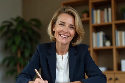 Femme rédigeant une lettre formelle à la main avec un stylo plume sur un bureau en bois dans un bureau à domicile professionnel