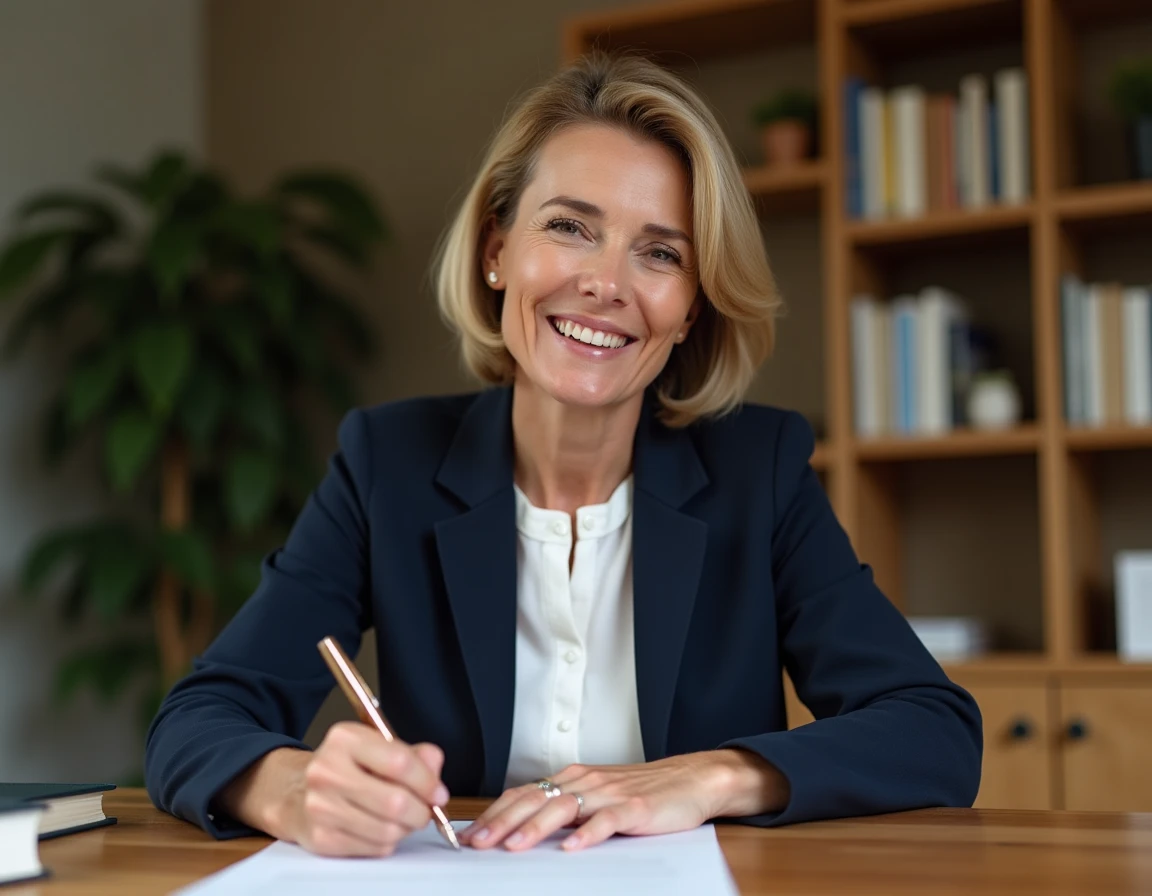 Femme rédigeant une lettre formelle à la main avec un stylo plume sur un bureau en bois dans un bureau à domicile professionnel