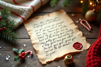 Lettre de lutin farceur écrite sur parchemin posée sur une table en bois rustique entourée de décorations de Noël