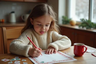 Petite fille écrivant une lettre au Père Noël à imprimer sur une table en bois décorée d'accessoires de Noël