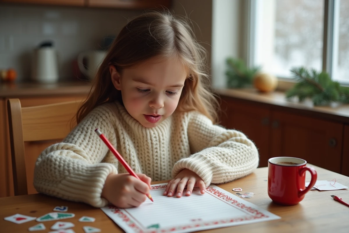 Petite fille écrivant une lettre au Père Noël à imprimer sur une table en bois décorée d'accessoires de Noël