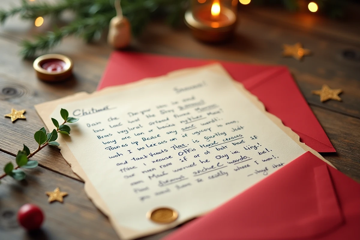 Lettre au Père Noël imprimée et remplie à la main posée sur une table rustique avec enveloppe rouge et décoration de Noël