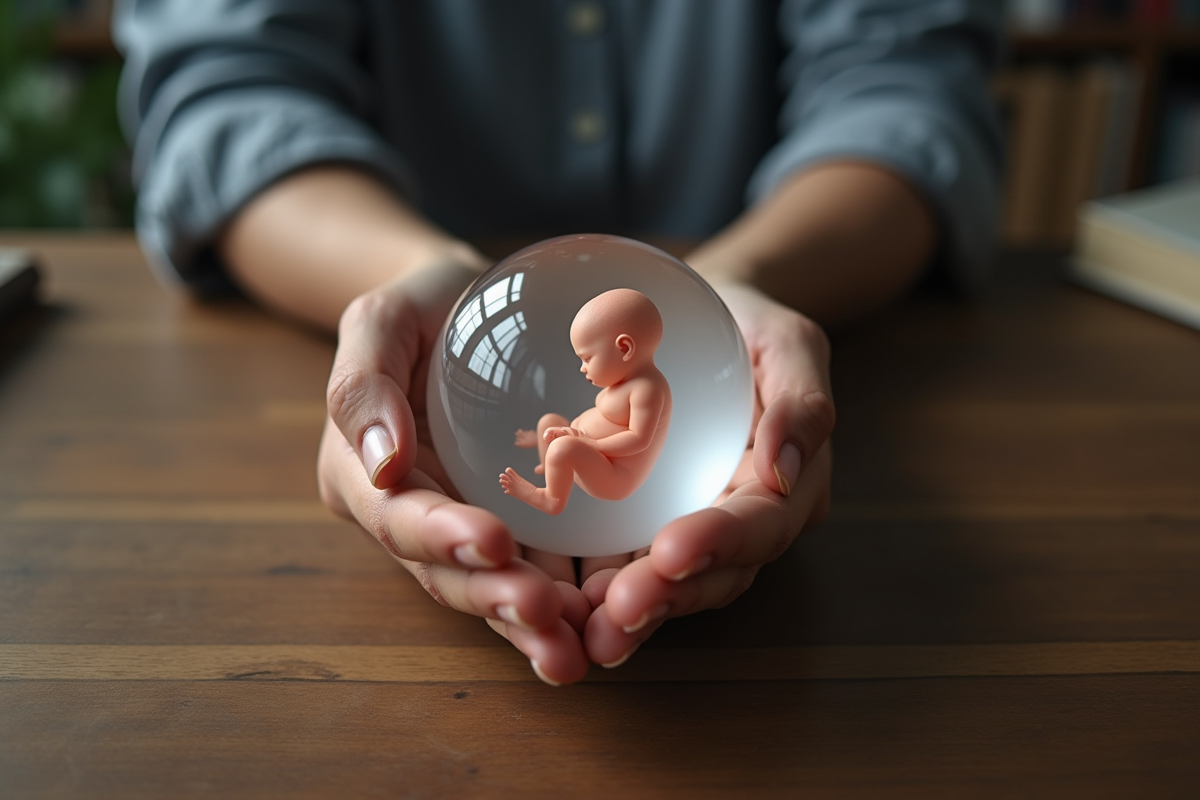 Mains tenant un globe avec silhouette de fetus en verre