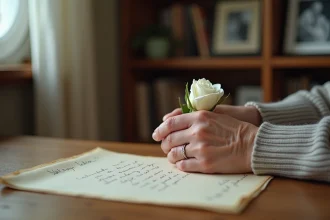 Mains d'une femme âgée tenant une rose blanche sur une lettre manuscrite, symbolisant un adieu poétique à une mère disparue