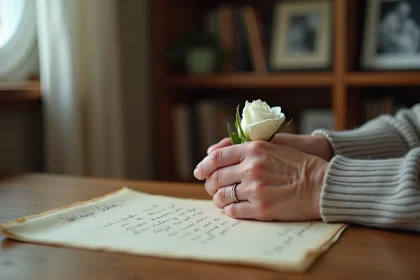 Mains d'une femme âgée tenant une rose blanche sur une lettre manuscrite, symbolisant un adieu poétique à une mère disparue