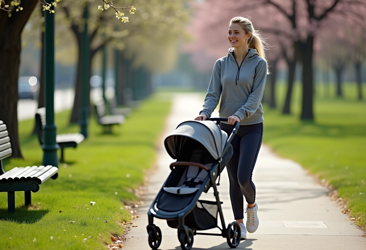 Maman promene avec poussette dans un parc au printemps