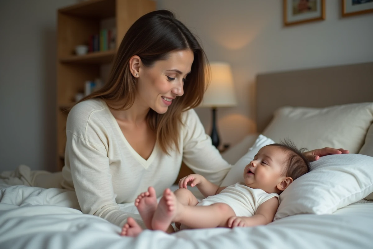 Maman aidant bébé à se coucher dans une chambre chaleureuse