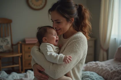 Maman fatigu&eacute;e tenant son b&eacute;b&eacute; pleurant dans la chambre