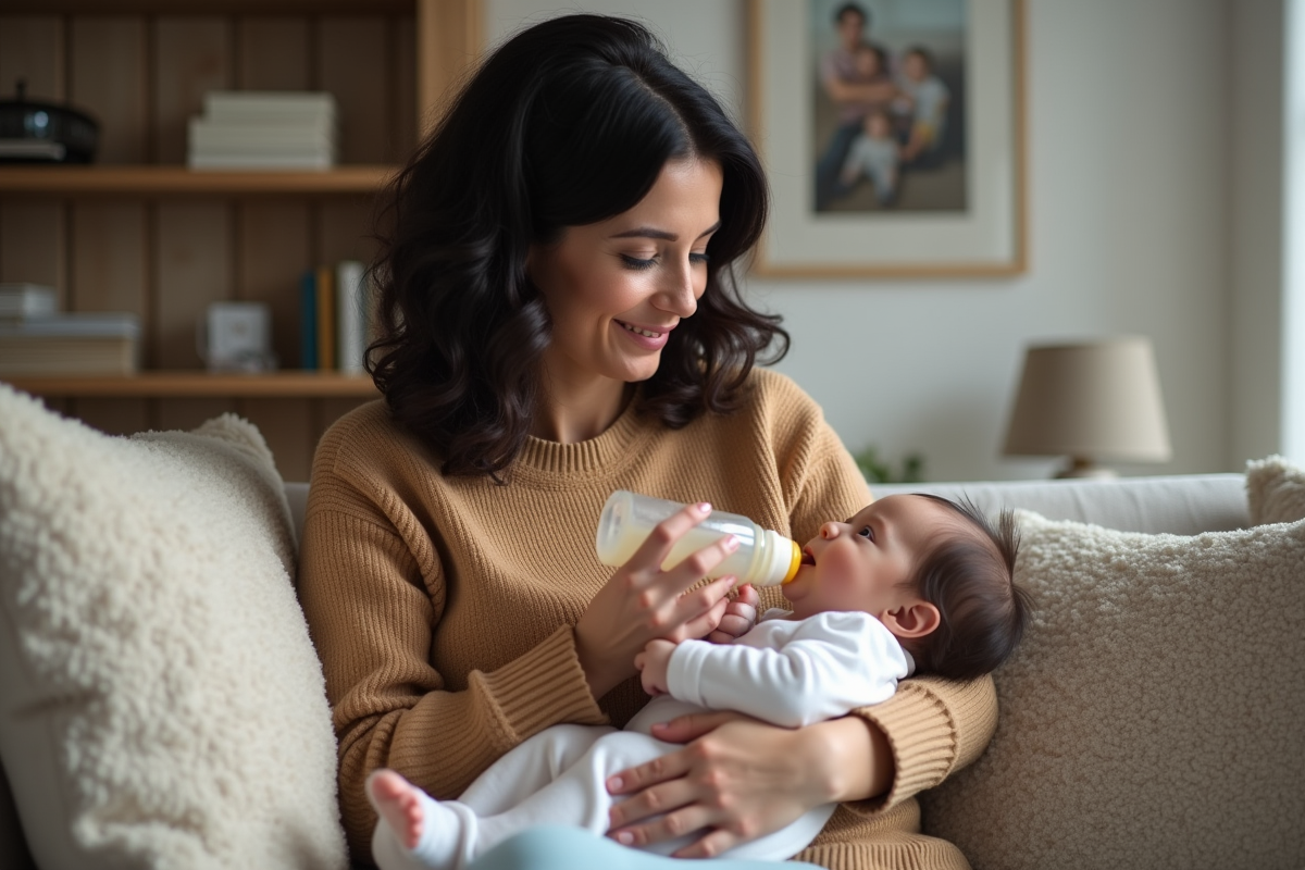 Maman donnant le biberon à sa fille dans un salon cosy