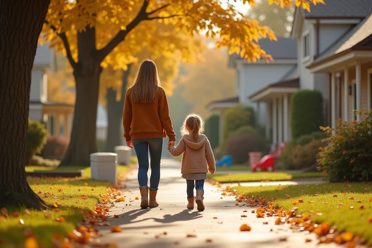 Mère et fille se promenant dans un quartier résidentiel