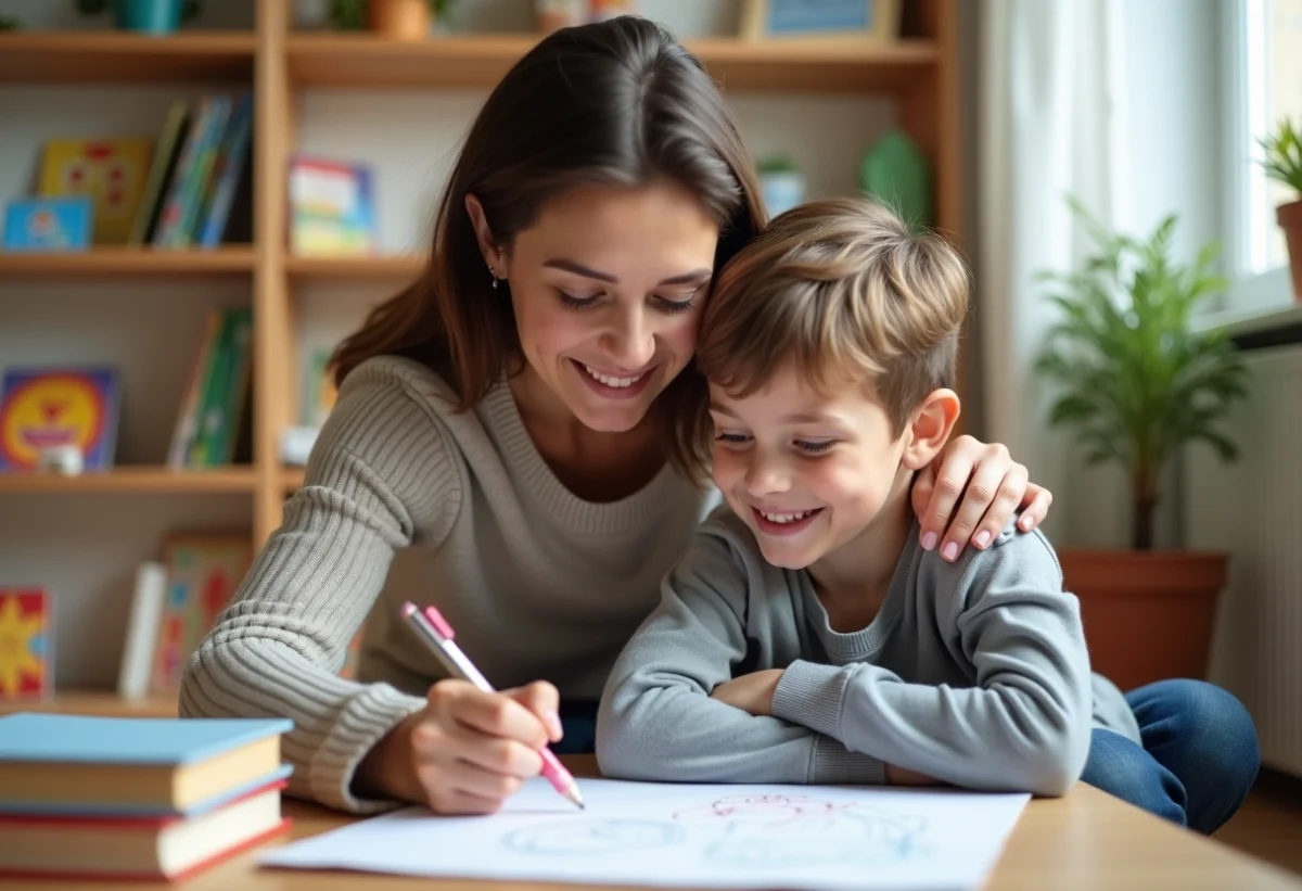 Maman et son fils regardant un dessin dans le salon
