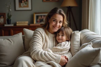 Mère et fille dans un salon chaleureux et cozy