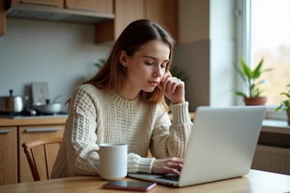 Jeune maman lisant &agrave; son ordinateur dans la cuisine