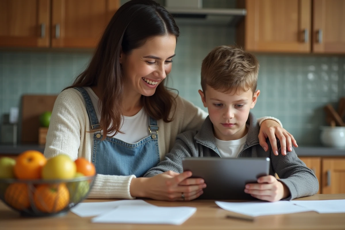 Mère encourage son fils à la table de cuisine avec une tablette