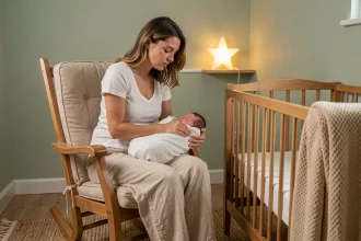 Jeune maman en robe de nuit assise près d'un berceau avec une veilleuse lumineuse étoilée dans une chambre de bébé apaisante