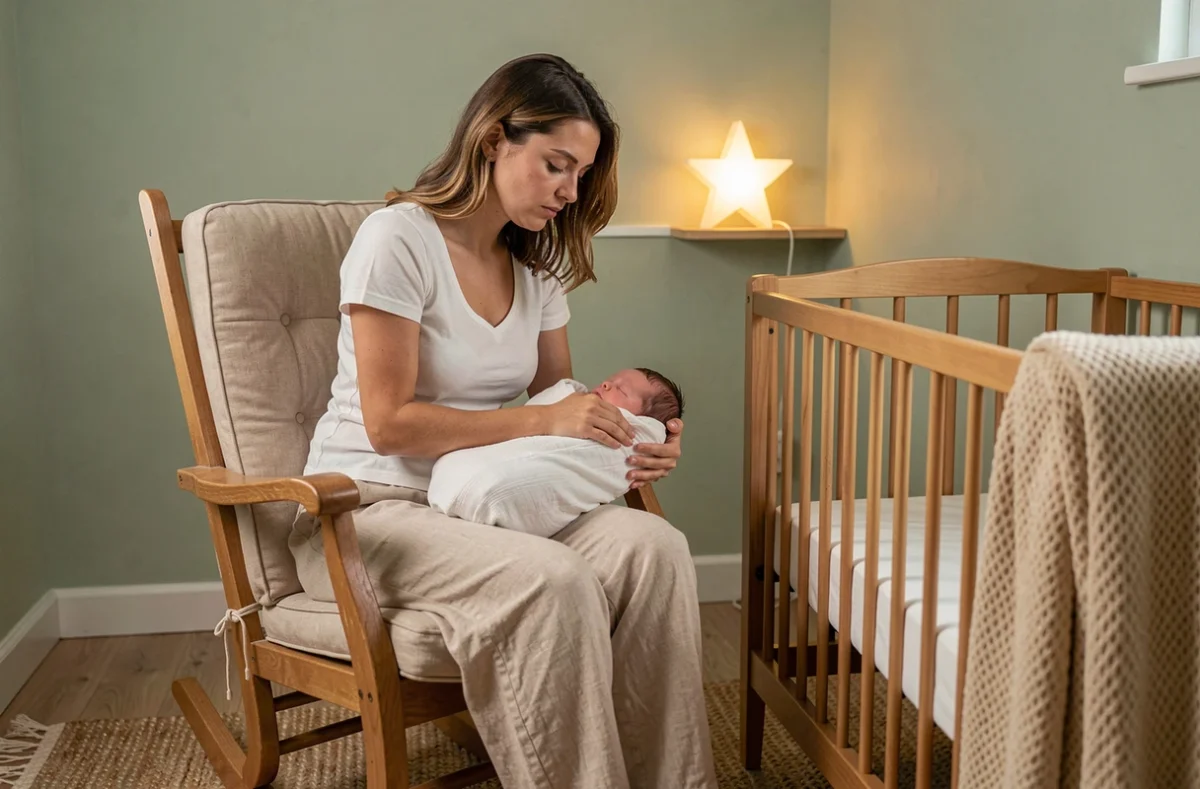 Jeune maman en robe de nuit assise près d'un berceau avec une veilleuse lumineuse étoilée dans une chambre de bébé apaisante